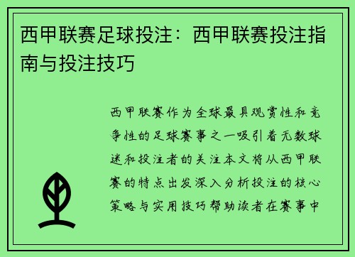西甲联赛足球投注：西甲联赛投注指南与投注技巧
